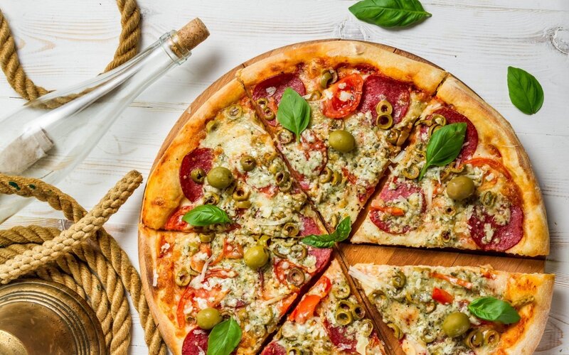 Pepperoni and Olive Pizza — Brown