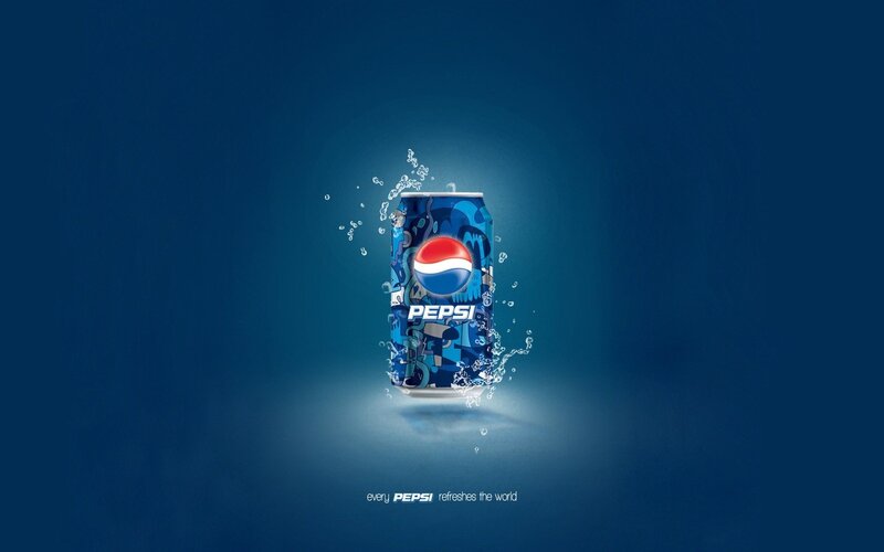 Pepsi Can with Water Splashes — Blue, Refreshing, Digital Art, Water Splashes, Light Beam