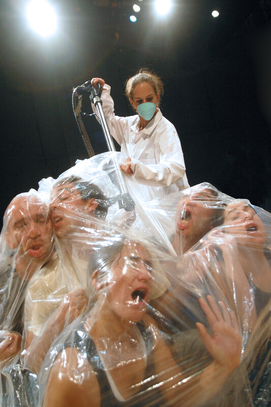 Performance art with plastic wrap