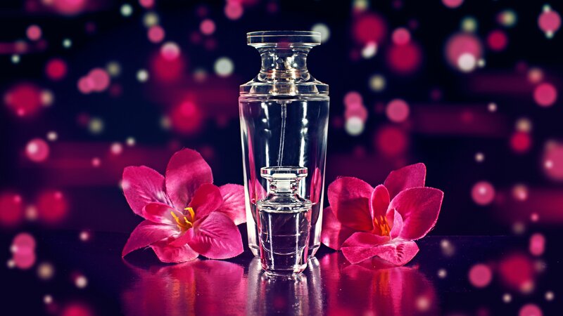 Perfume Bottle with Flowers — Pink, Dramatic