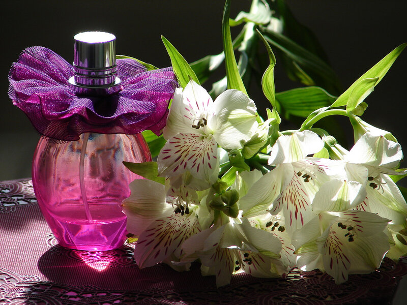 Perfume Bottle with Flowers — Purple, Dramatic