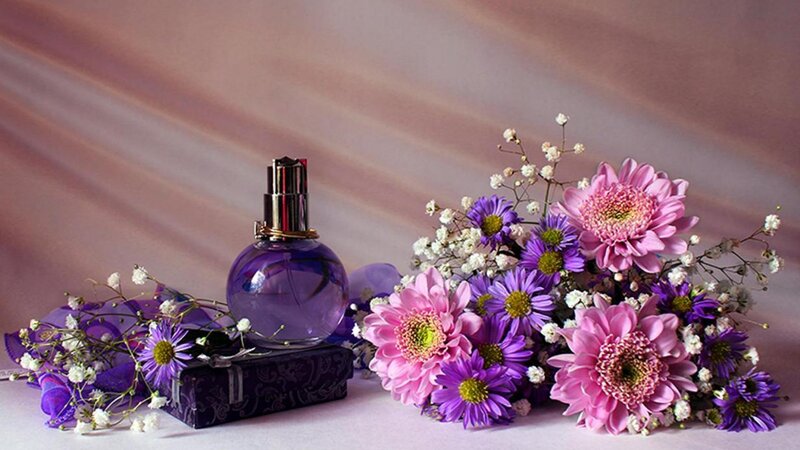 Perfume Bottle with Flowers — Purple, Serene