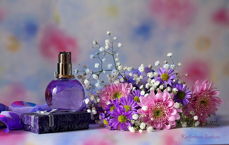 Perfume Bottle with Flowers — Purple