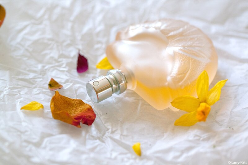 Perfume Bottle with Flowers — White, Serene