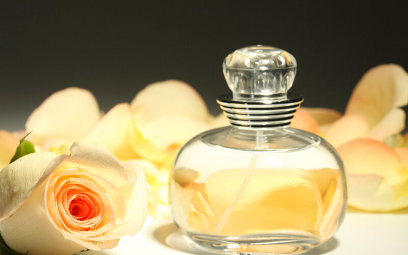 Perfume Bottle with Rose — White, Serene, Photograph, Petals
