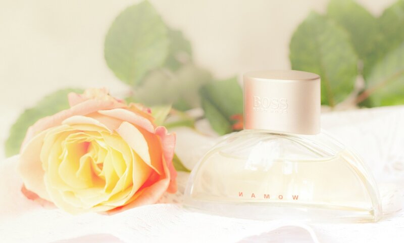 Perfume Bottle with Rose — White, Serene, Photograph