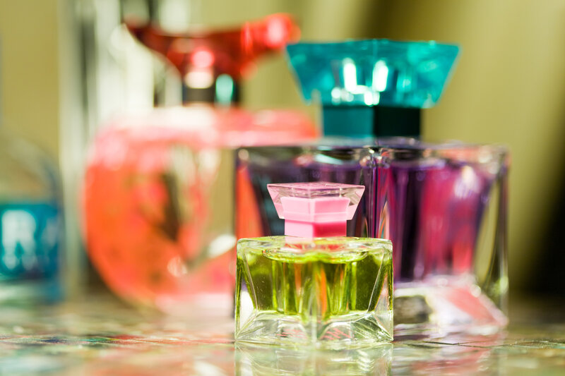 Perfume Bottles on Table — Green, Calm