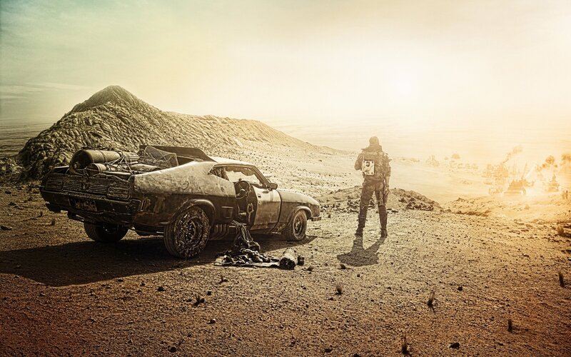 Person and Car in Desert — Brown