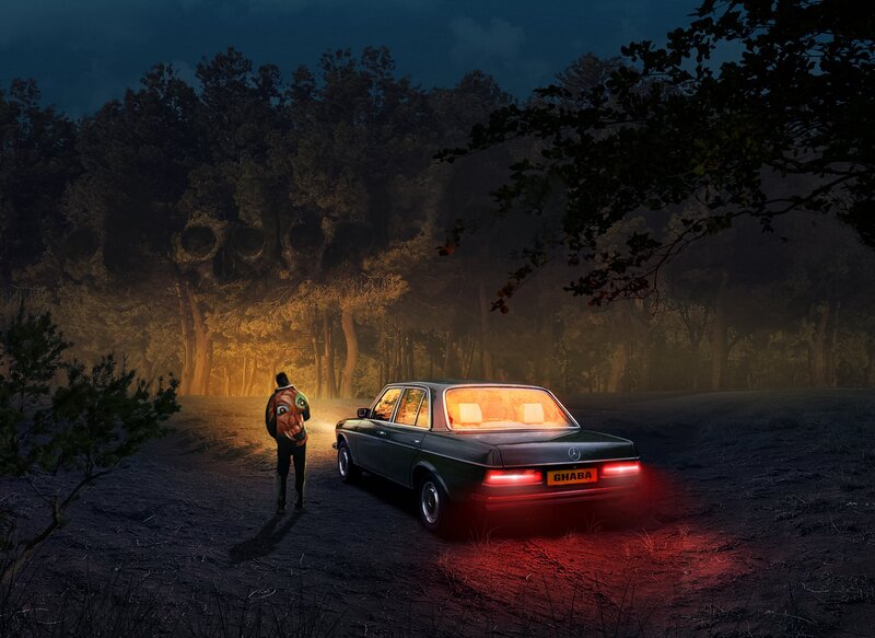 Person and Car in Forest — Black