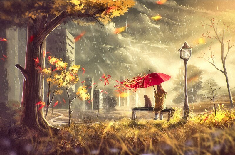 Person and Cat on Bench — Red