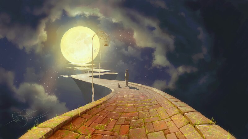 Person and Cat on Bridge — Yellow