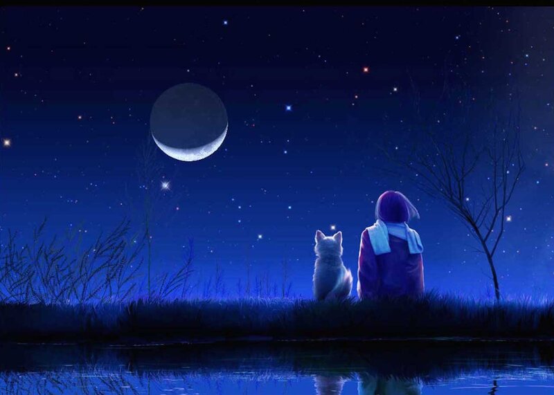Person and Dog at Night — Blue