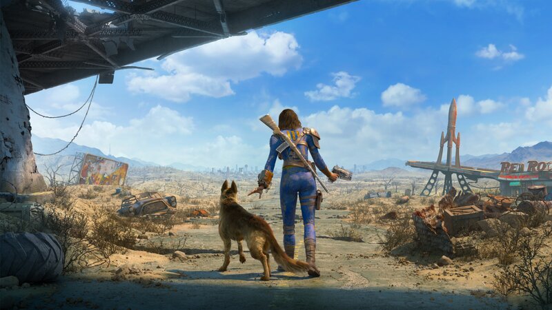 Person and Dog in Desert — Blue