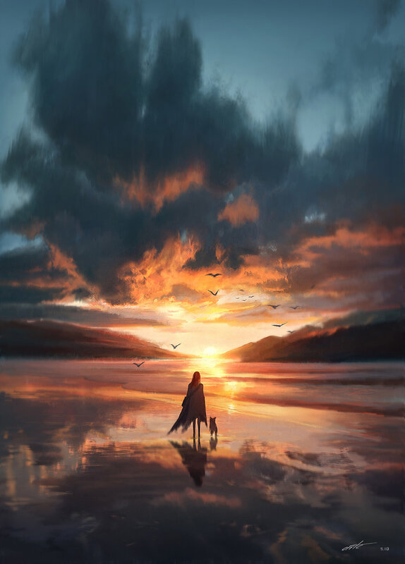 Person and Dog on Beach — Orange, Dramatic