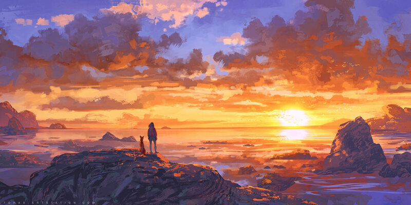Person and Dog on Cliff — Orange
