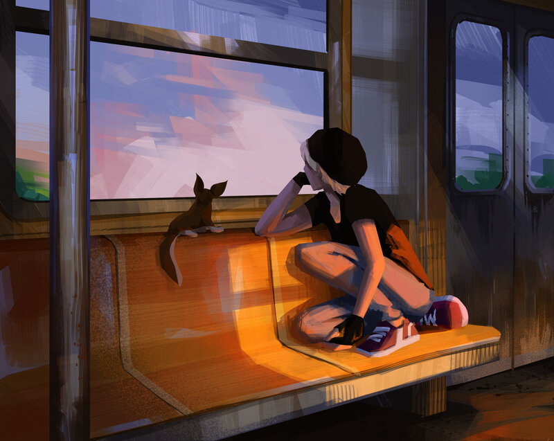 Person and Dog on Train