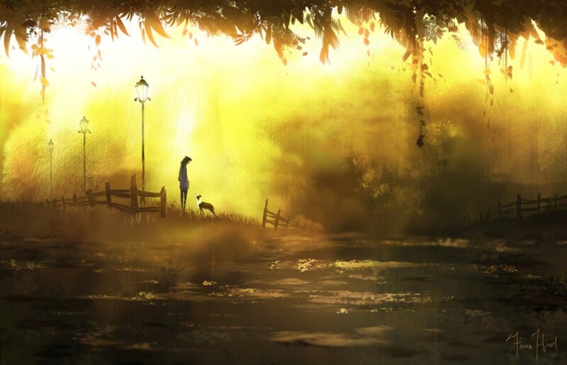 Person and Dog Silhouette — Yellow