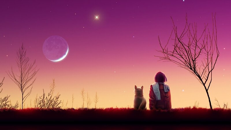 Person and dog under a purple sky