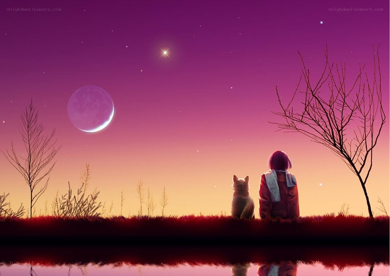 person and dog under purple sky