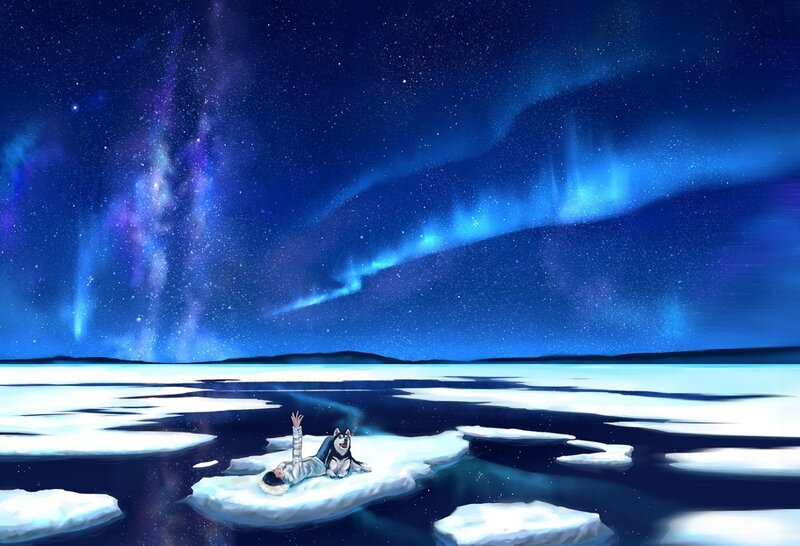 Person and Husky on Ice — Blue, Serene