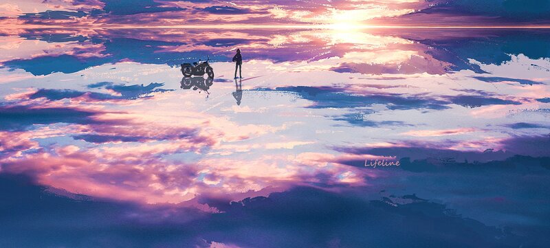 Person and Motorcycle on Reflective Surface