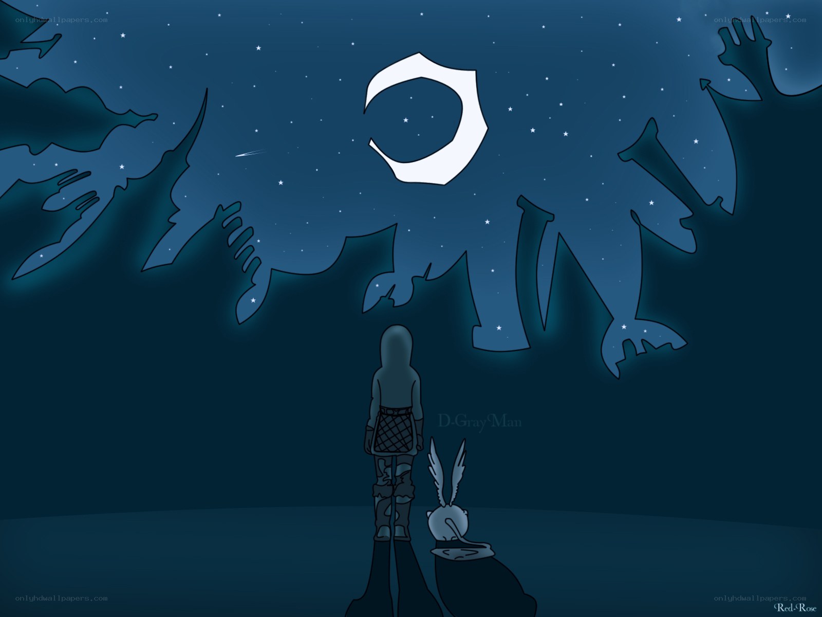 person and rabbit under night sky