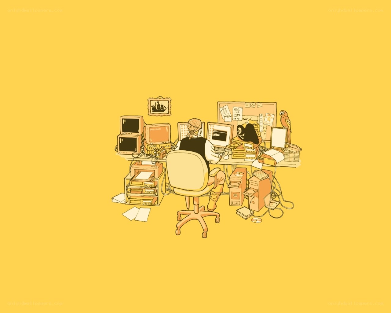 person at a cluttered desk