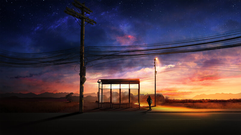 Person at Bus Stop — Purple, Dramatic, Sunset