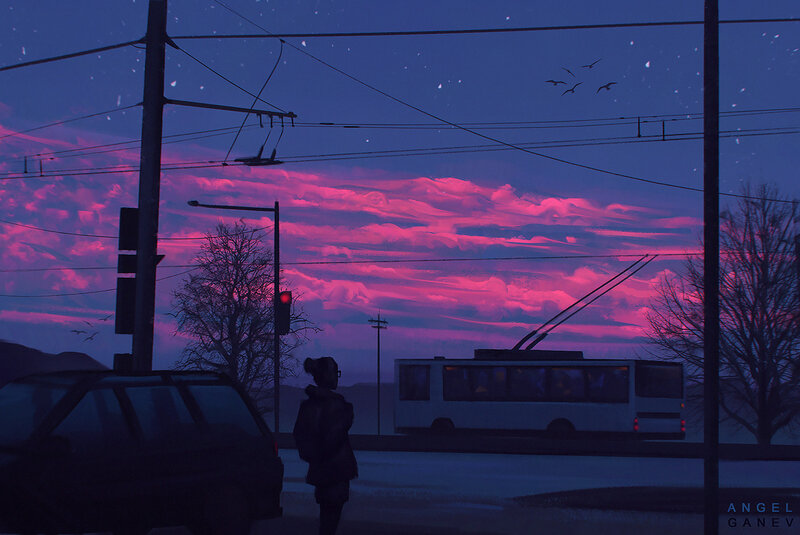 Person at Bus Stop — Purple, Dramatic