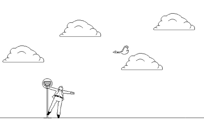 person at bus stop with clouds