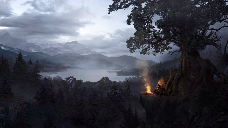 Person at Campfire — Gray