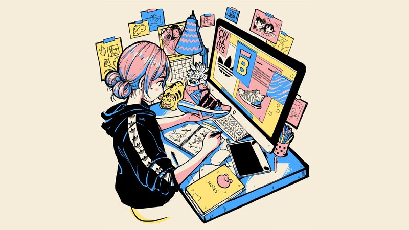 Person at Computer Desk — Blue