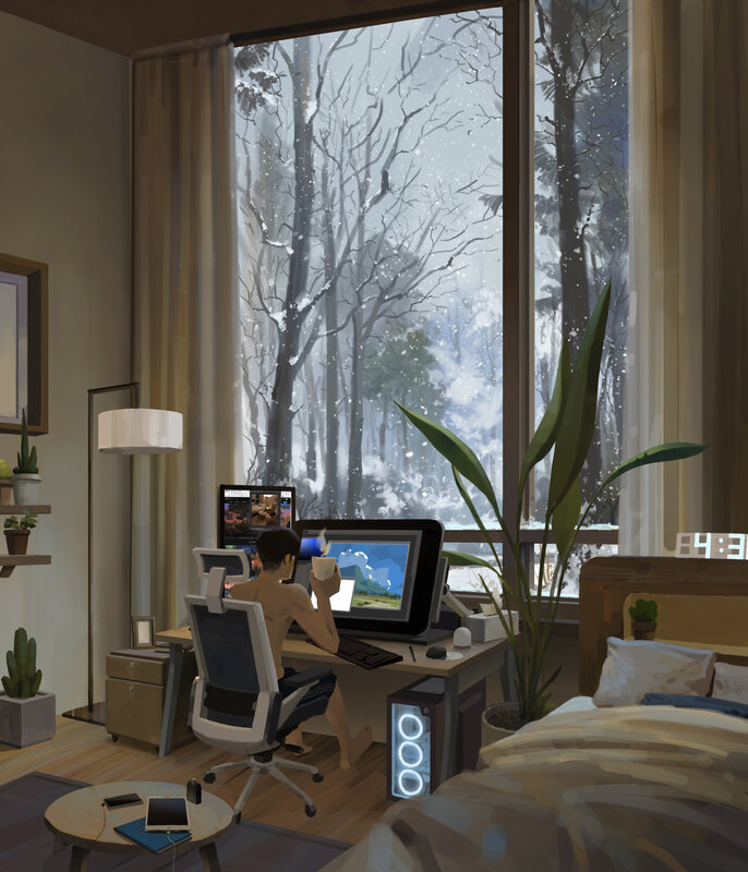 Person at Computer Desk — Brown, Calm