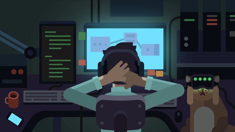 Person at Computer Desk — Dark Blue