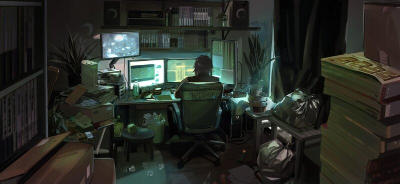 Person at Computer Desk — Green, Dark