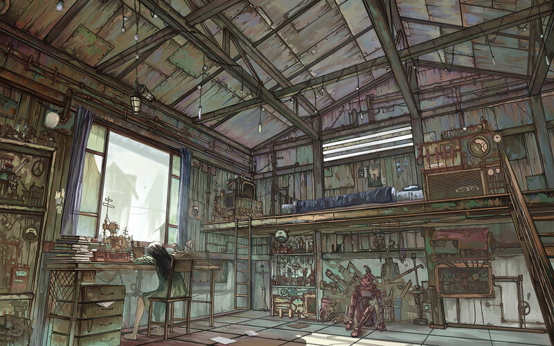 Person at Desk in Workshop — Green, Dusty