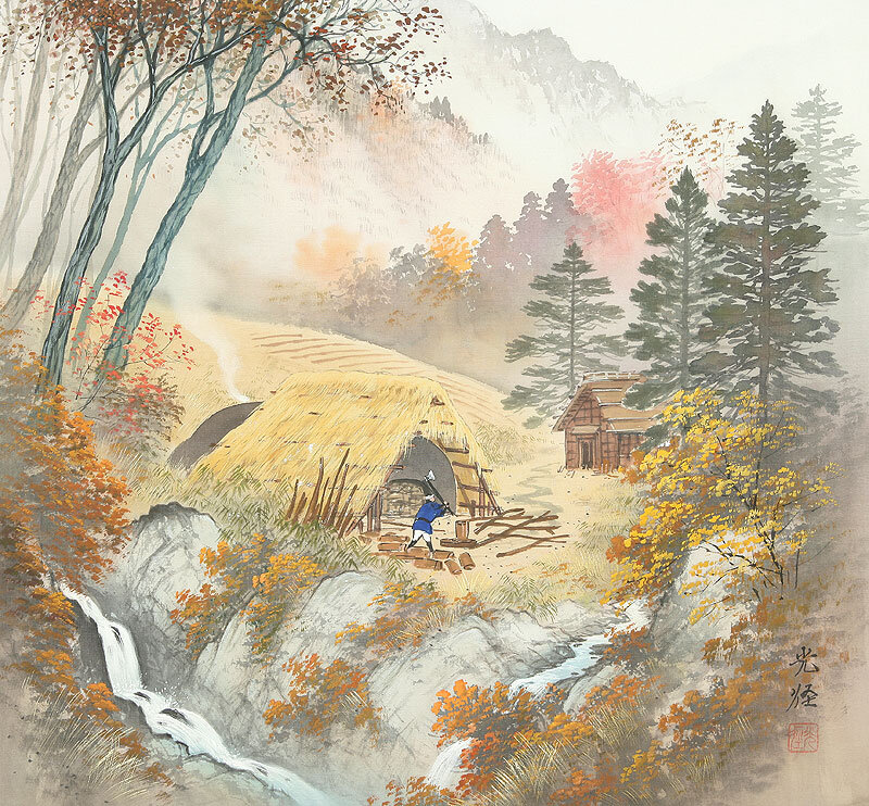 Person at Hut in Autumn