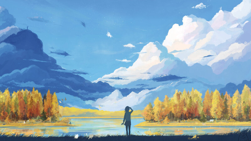 Person at lake in autumn