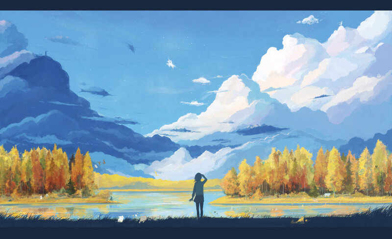 Person at lake in autumn