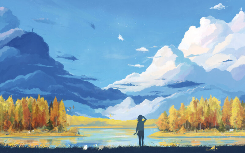 Person at lake in autumn
