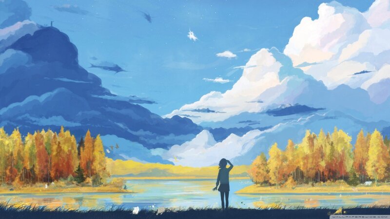 person at lake with autumn trees
