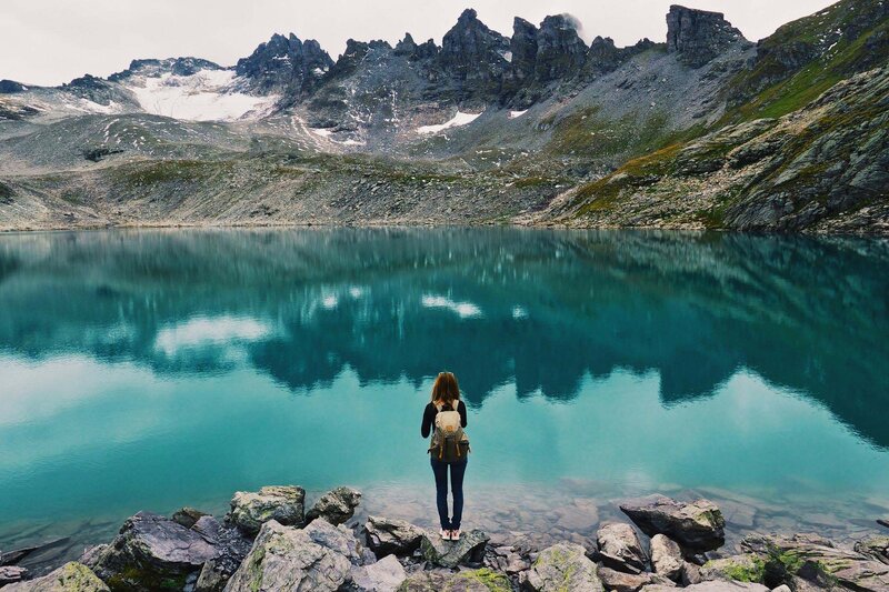 Person at Mountain Lake — Blue