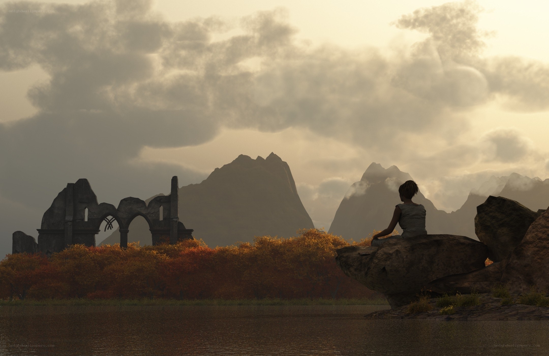 Person at ruins by lake