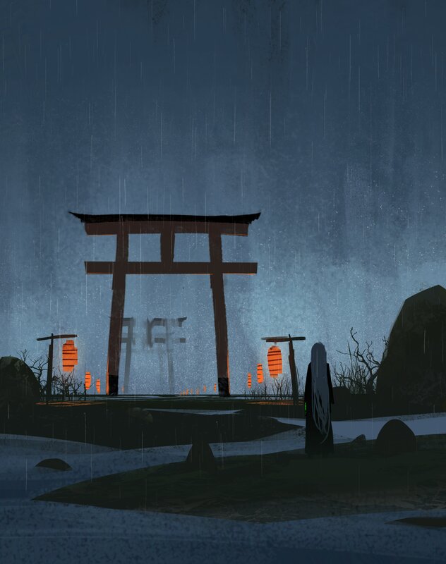Person at Torii Gate — Blue, Somber