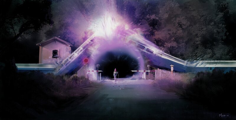 Person at Train Crossing — Purple