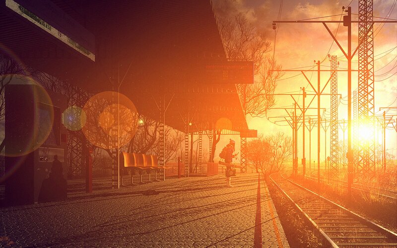 Person at Train Station — Orange, Dramatic, Sunset, Digital Art