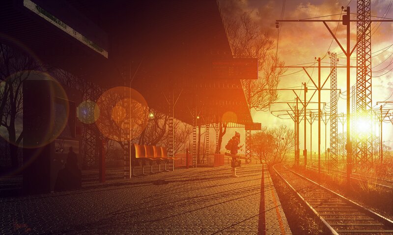 Person at Train Station — Orange, Dramatic