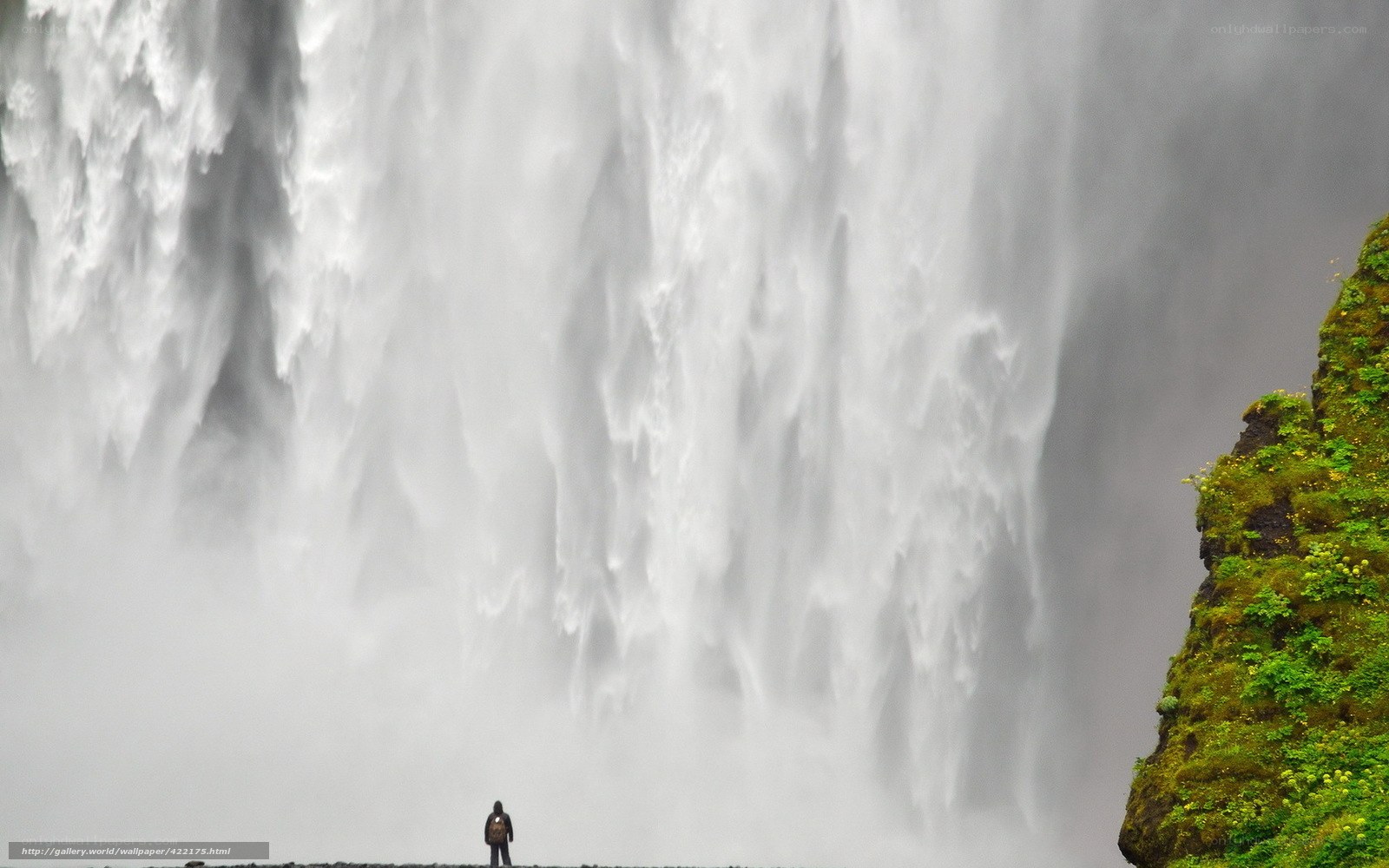 person at waterfall base