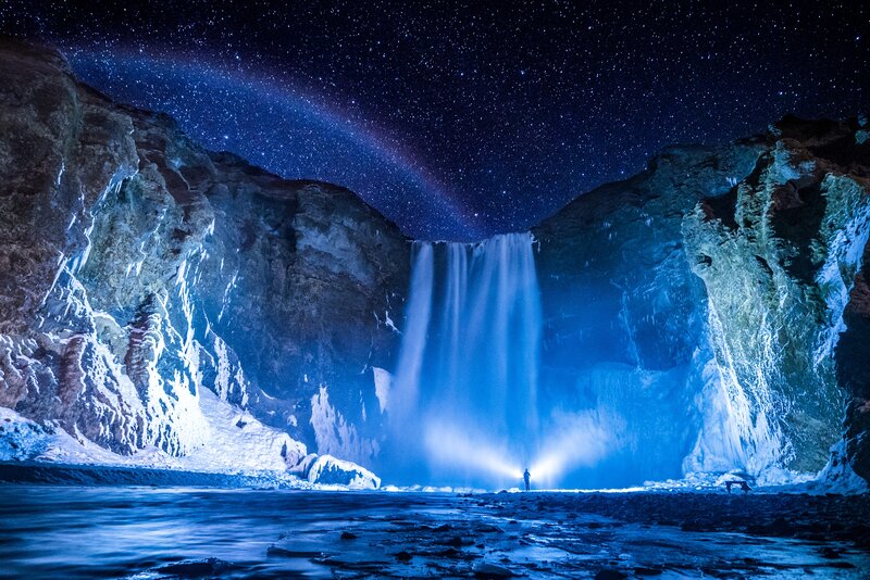 Person at Waterfall — Blue, Dramatic, Night