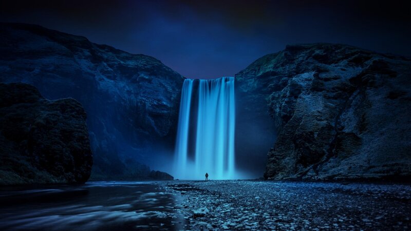 Person at Waterfall — Blue, Dramatic
